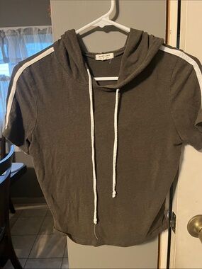 Short Sleeve Hoodie Olive Green with White Stripe Detail